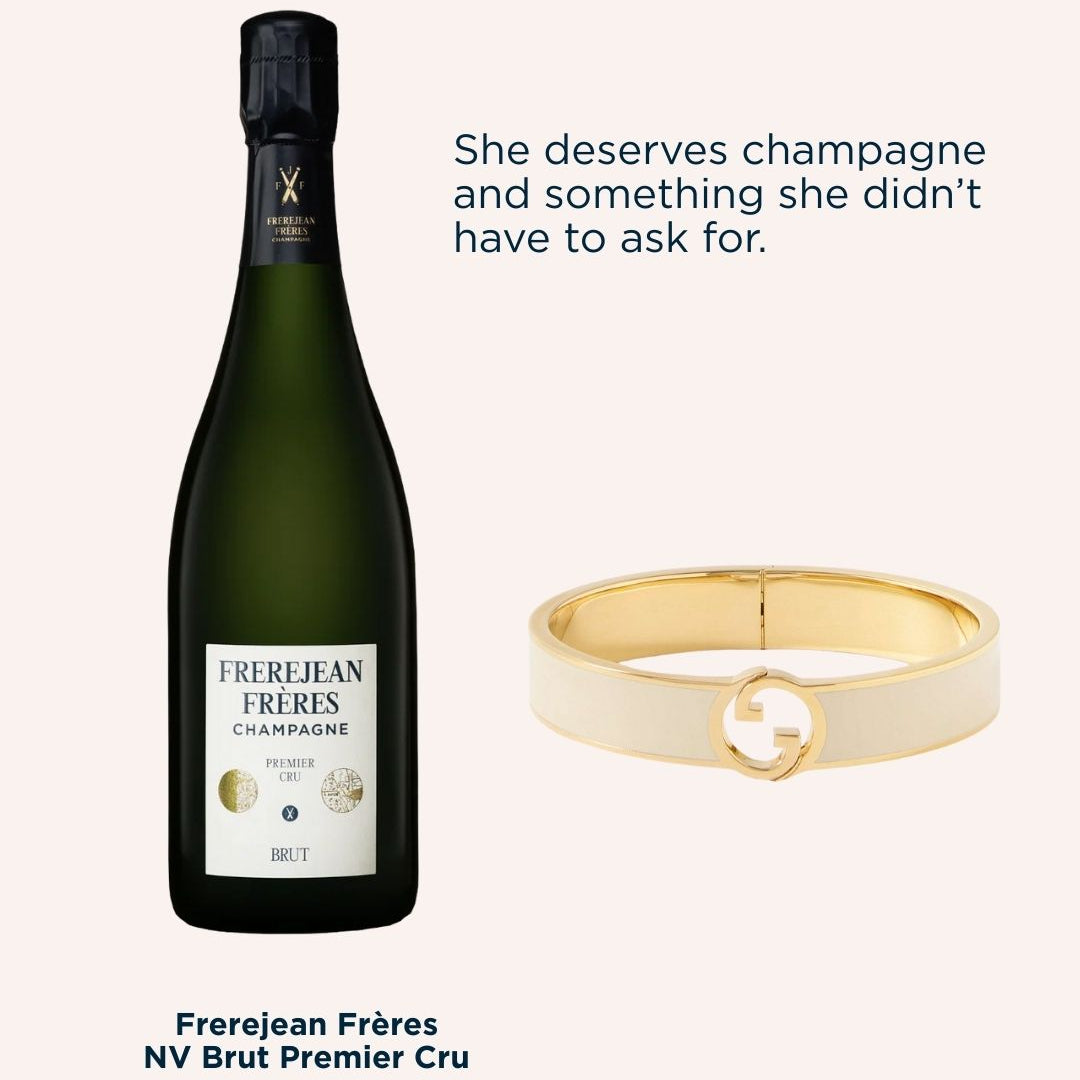 Bottle of Frerejean Freres champagne and a gold bracelet on a white background with text 'The Wife'.