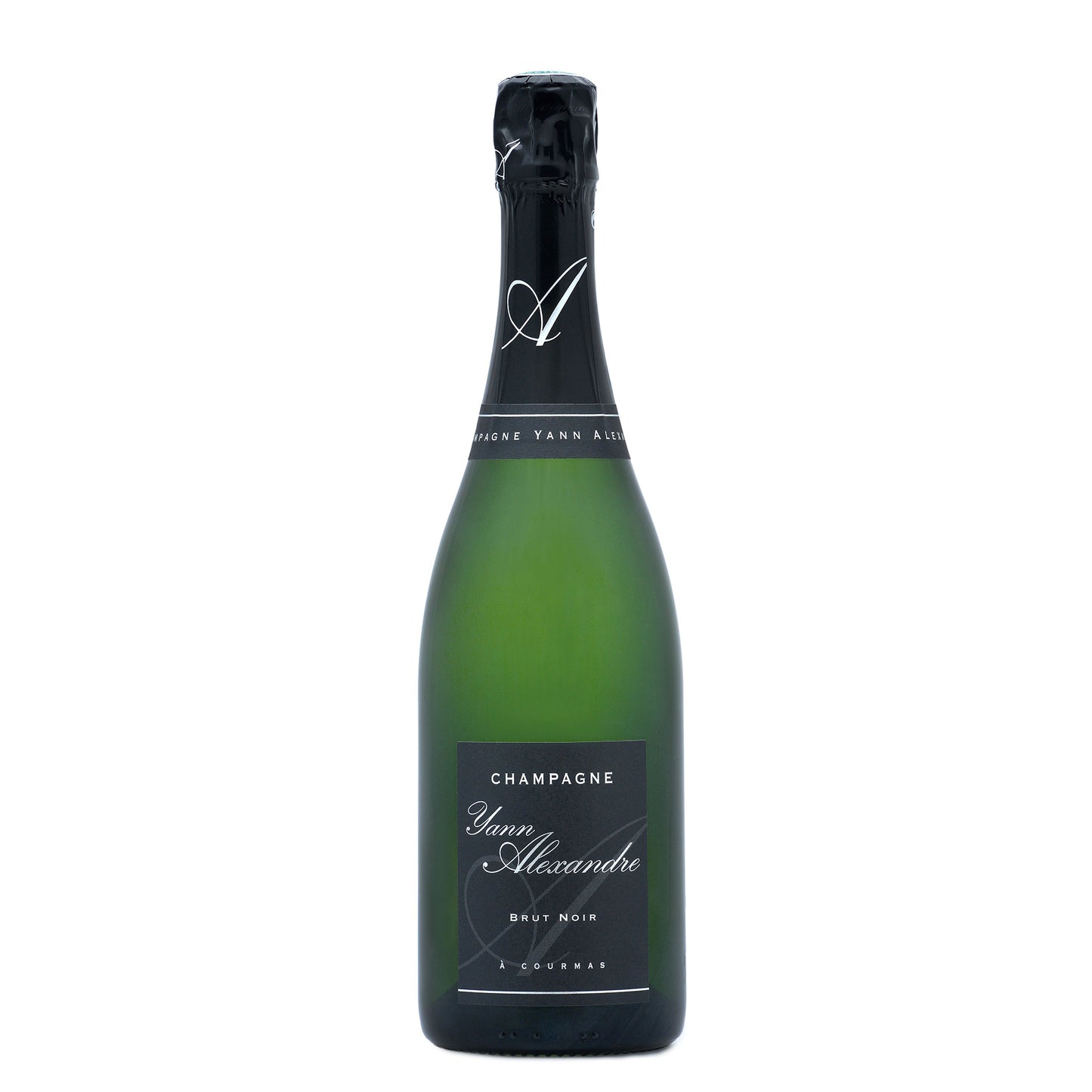 Bottle of champagne with a black label on a white background